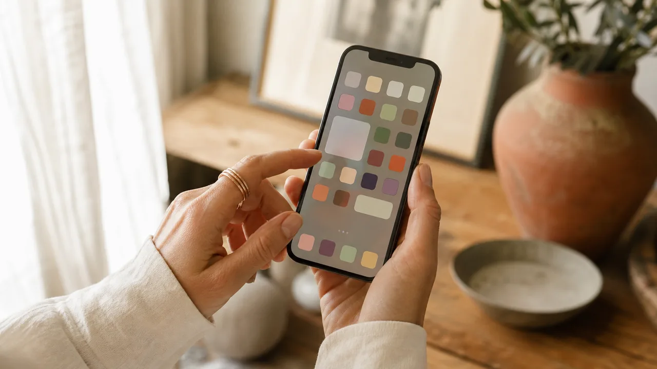 Mani che riordinano le app sulla schermata home del telefono — minimalismo digitale