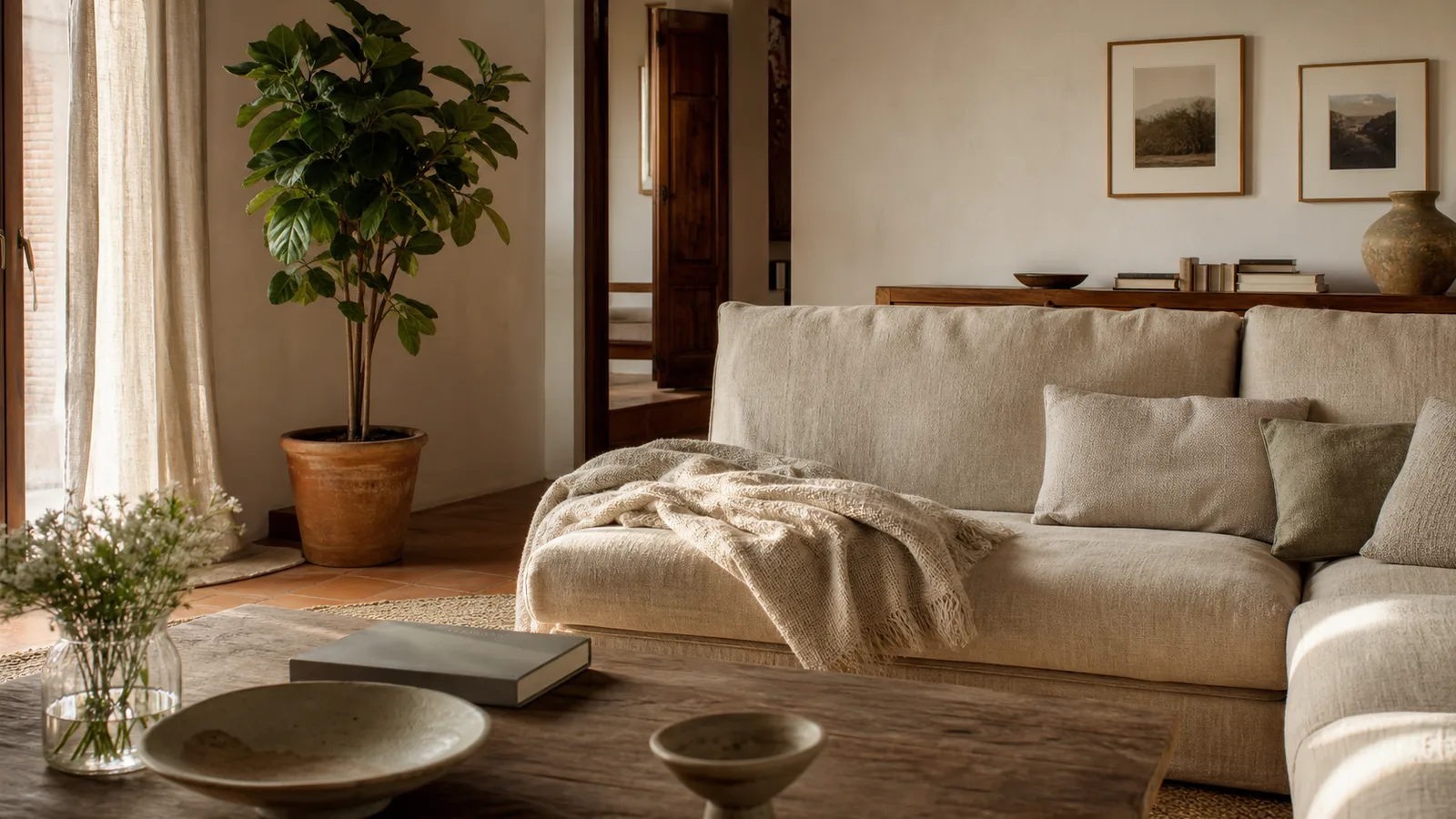 Salotto minimalista caldo con pochi oggetti scelti