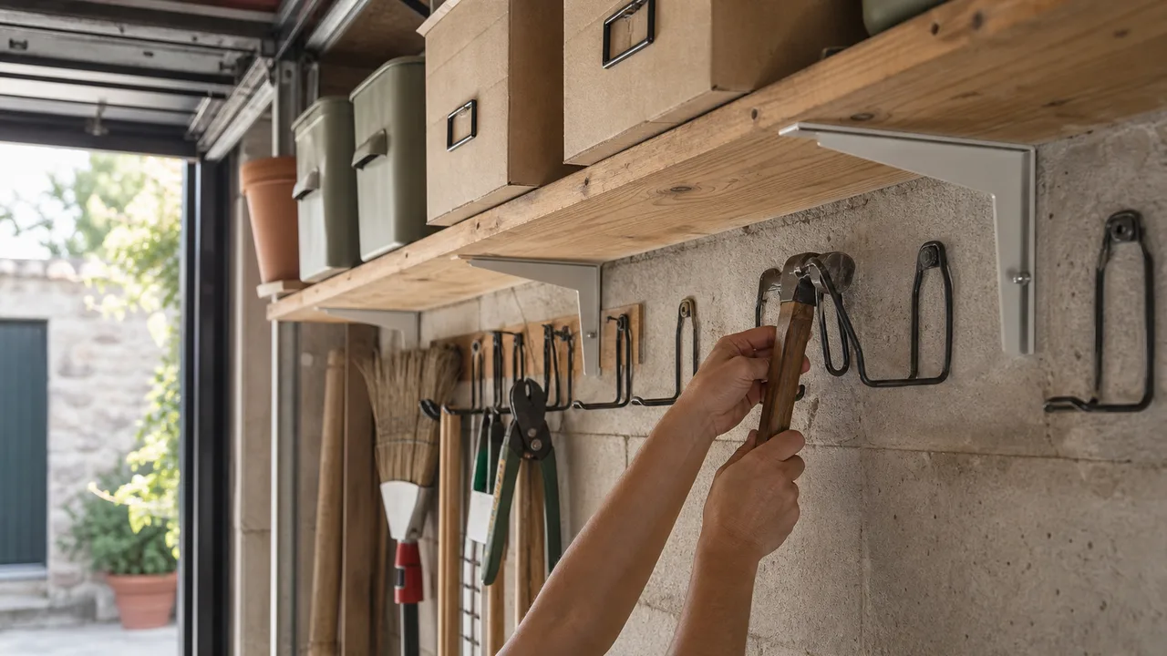 Pareti del garage sfruttate in verticale con ganci e scaffali